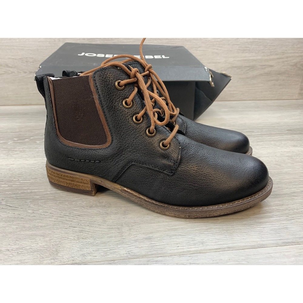 Josef Seibel Women's Boots Black Pebbled Leather 6.5 Lace Up‎ Chelsea Ankle